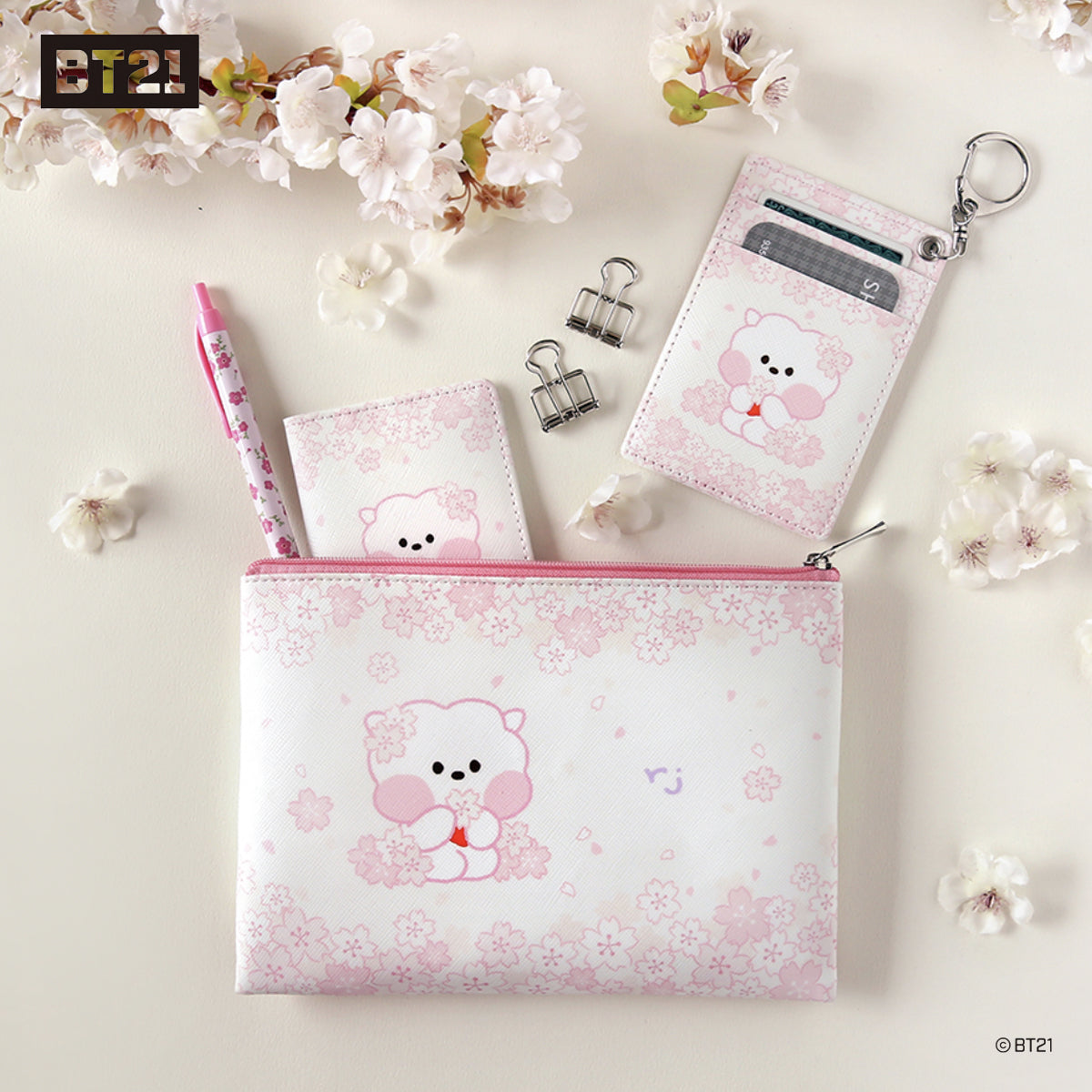 BT21 Minini Cherry Blossom Flat PU Pouch