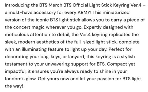 BTS OFFICIAL LIGHTSTICK NEW VERSION 4 MINI LED KEYRING